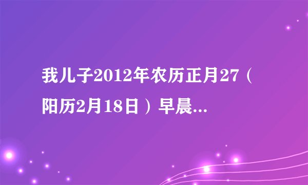 我儿子2012年农历正月27(阳历2月18日)早晨6点20左右出生的,生辰八字是多少啊还有五行多少,麻烦大家。